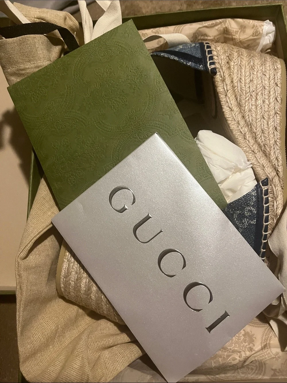 Gucci Blue Denim GG Espadrille Wedge Sandals with Cream Ribbon